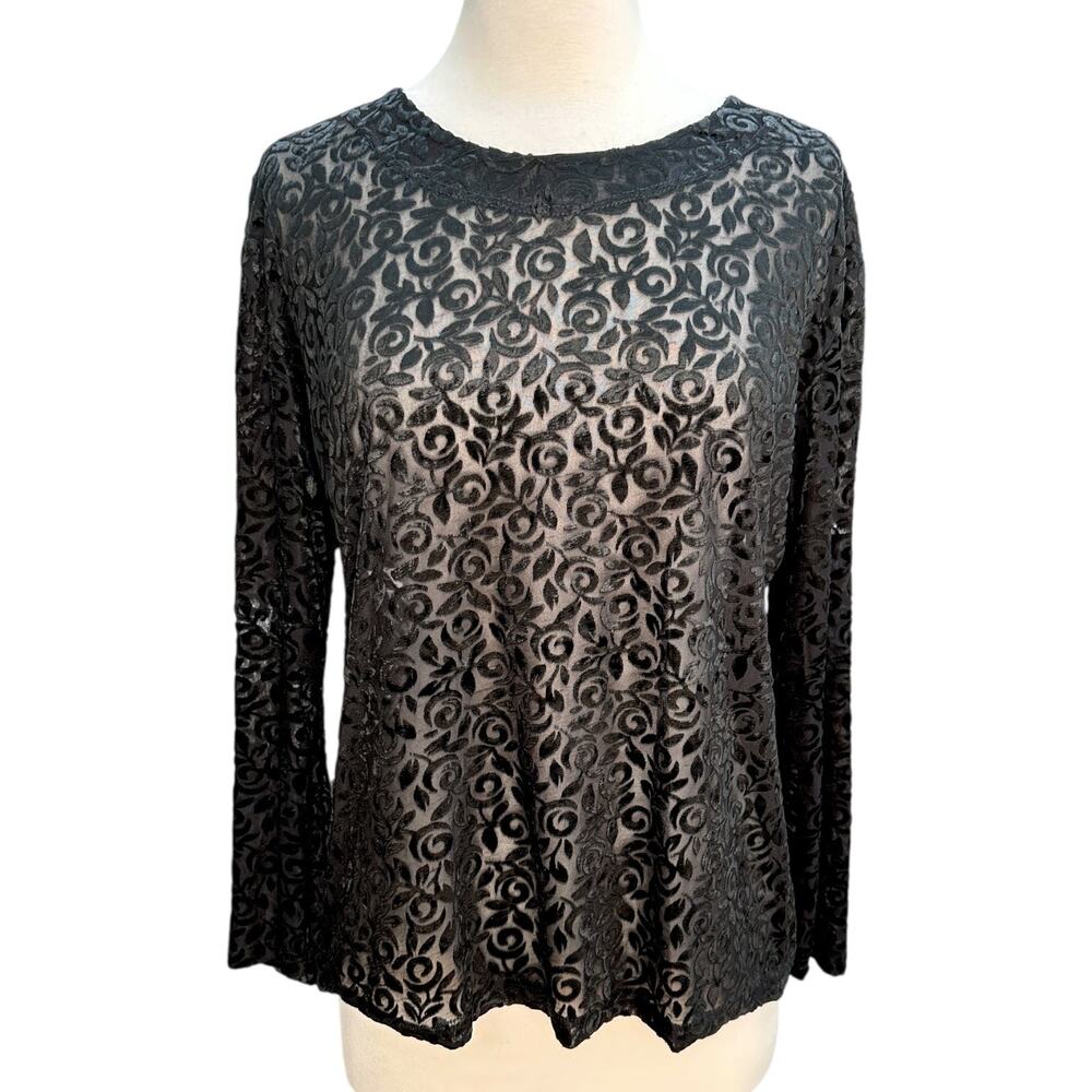 Vintage Y2K Burnout Velvet Mesh Floral Top Women's Large Black Goth Whimsigoth